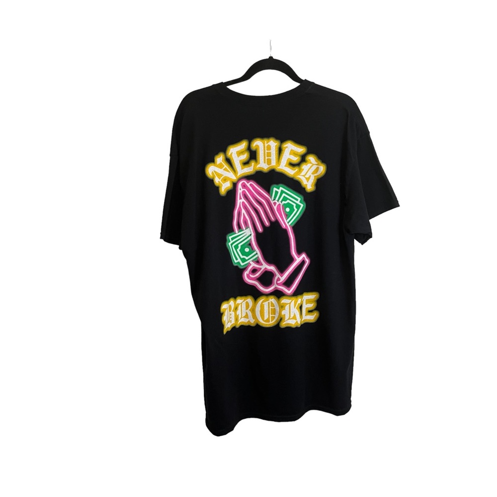 Popular Poison NEVER BROKE Graphic Tee Black Short Sleeve Shirt Mens Size XL